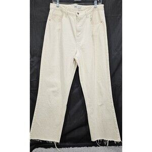 Zara Ecru Denim Jeans High Waisted Straight Leg Frayed Raw Coastal Womens 10